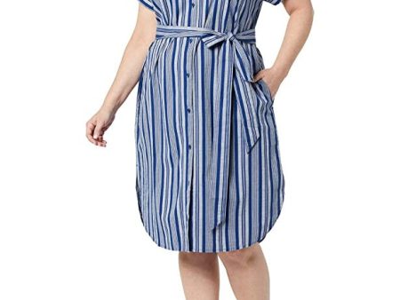 Amazon Essentials Vestido Camisero con Cinturón y Cierre de Botones en La Parte Delantera Mujer, Azul Marino Blanco, Rayas Jaspeadas, M Sale